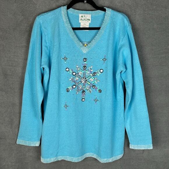 Quacker Factory Sweater Womens Large Blue Sequin Snowflake Holiday Christmas - Picture 1 of 12